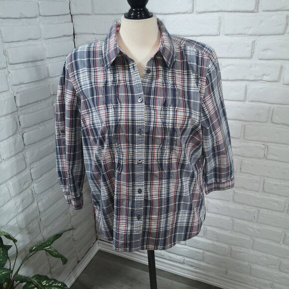 2 / $30.00 -Heritage by Bass Ladies Size XL Grey Blue White & Salmon Plaid Shirt - Picture 1 of 10